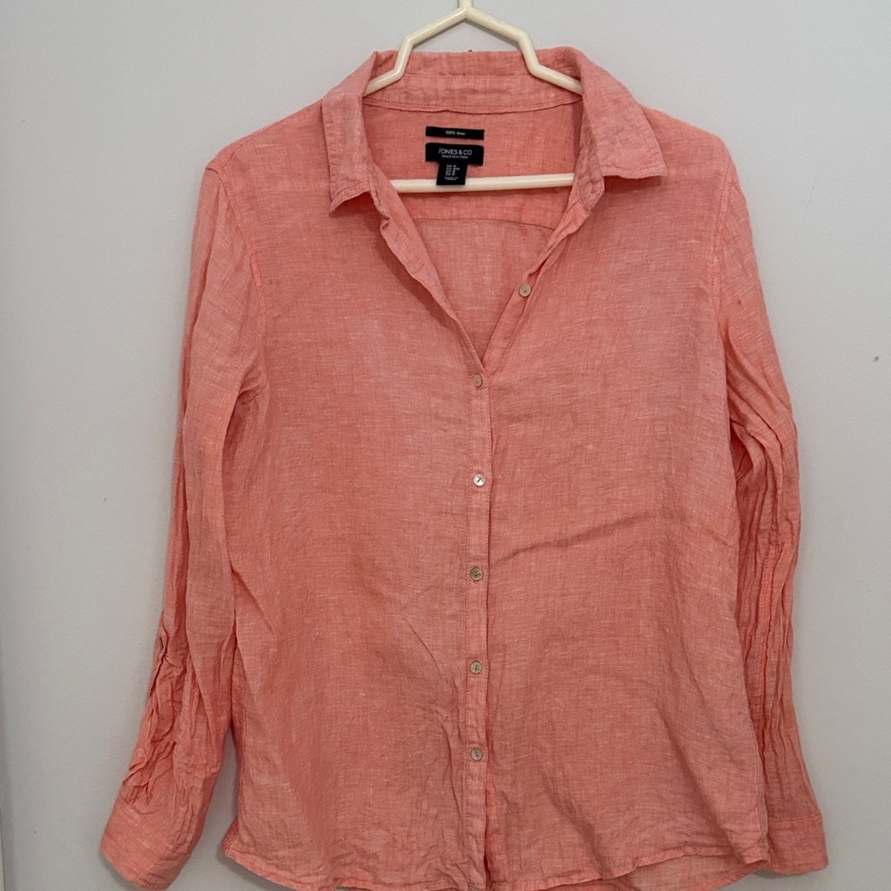 Linen Button-Down Coral Pink Coastal Summer Beach Vacation Relaxed Size M